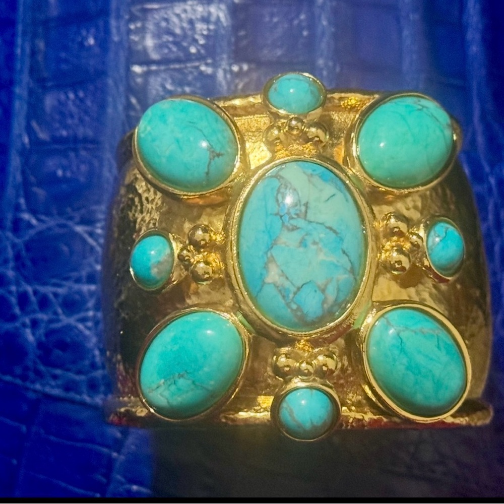 Gorgeous Gold and Turquoise Jose and Maria Barrera Vintage Cuff Bracelet 3” Wide